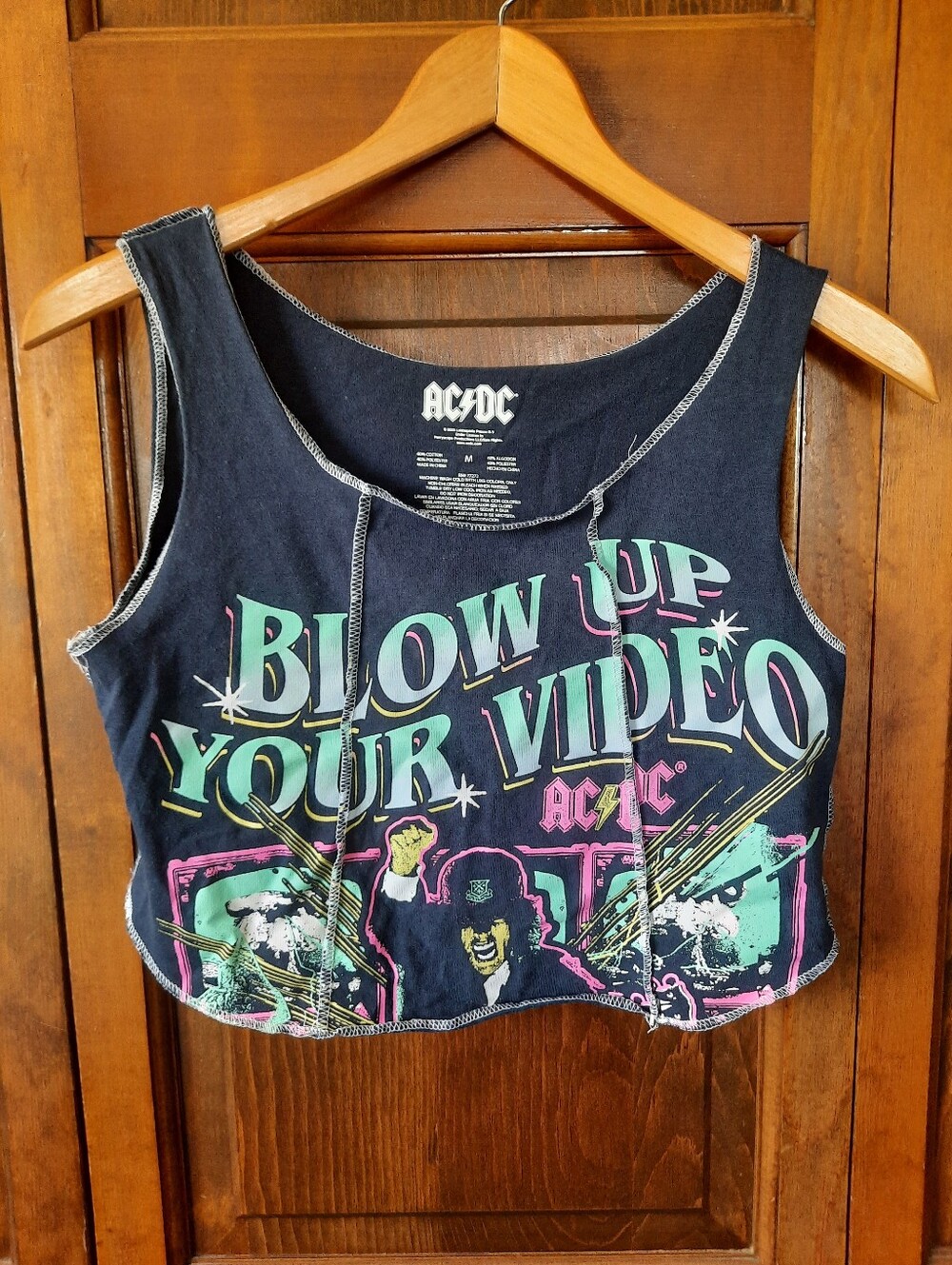 AC/DC Navy "Blow Up Your Video" Exposed Seam Graphic Cropped Tank Top Size M